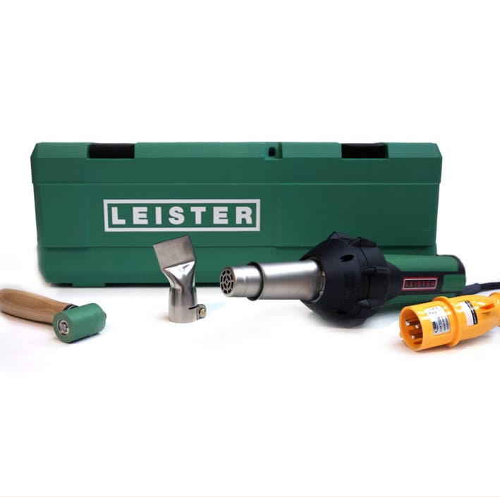 Leister Triac welding kit, showing a 40mm roller, 40mm nozzle, the 120V handheld heat gun and power supply