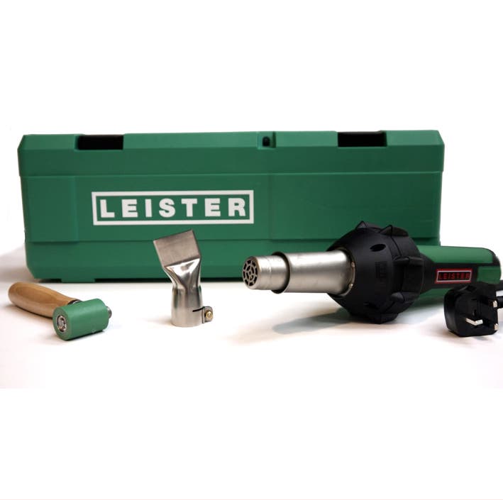 Leister 230V Triac kit, showing 40mm rubber roller, 40mm nozzle, and Leister Heat Gun with 230V plug